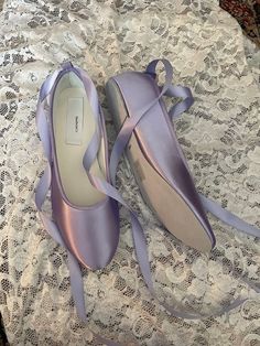 Lavender Ballet Flats, Purple Fairy Shoes, Satin Round Toe Wedding Shoes For Spring, Spring Wedding Shoes With Satin And Round Toe, Spring Wedding Satin Shoes With Round Toe, Spring Wedding Shoes With Satin Bow And Round Toe, Spring Wedding Shoes With Satin Bow, Ballet Core Shoes, Spring Ballet Flats With Satin Bow And Closed Toe