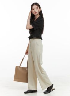 Product Detail Style : Minimal Occasion : Work wear Print : Solid Material : Polyester, Spandex Fit : Straight fit Polyester95 Spandex5 Color : Light beige, Black Model Size Model is wearing size S/M and the color Light beige. Height : 5'5" | 165cm / Top : S / Bottom : S (26 inch) .prddescription table, .prddescription td, .prddescription th { border : 1px solid black; border-collapse : collapse; padding: 10px; } Size(Inch) Size Waist Hip Thigh Rise Hem Total Length S/M 24.4" 33.1" 22.4" 12.6" 9 Low Rise Baggy Jeans, Festival Trends, Prom Outfits, Black Model, Tailored Pants, Fashion Korean, Plus Size Jeans, Korean Street Fashion, New Tops