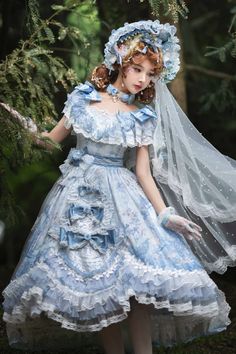 Blue The Key to the Secret Realm Gorgeous Wedding Sweet Lolita Dress S – LolitaInside Sleeveless Wedding Dress With Detachable Bow, Blue Wedding Dress With Satin Bow, Vintage Wedding Dresses With Bow, Devil Inspired, Pink Kimono, Classic Lolita, Tiered Ruffle Skirt, Dress Flowy, Floral Brooch