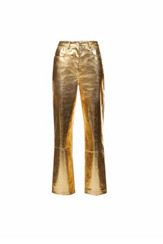 High waist faux leather trousers in iridescent crunchy textured metallic finish. Straight leg fit. Structured waistband with belt loops and 5 functional pockets.  Exposed button and concealed zip-fly fastening. 45% Polyester, 55% PU Hand wash with care Metallic Trousers, Faux Leather Trousers, Two Sisters, Leather Trousers, Fabulous Fashion, Gold Texture, Independent Designers Fashion, Trouser Jeans, Straight Leg Pants