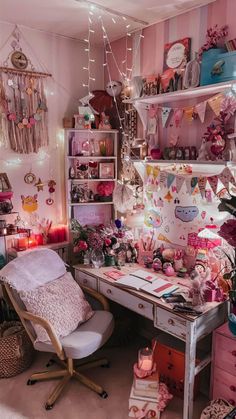 a room filled with lots of clutter and decorations on the wall above a desk