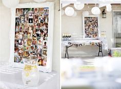 two pictures of the outside of a house and one is decorated with photos from people's lives