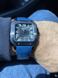 Cartier Santos black with blue leather band Cartier Santos, Wrist Wear, Tick Tock, Blue Band, Square Watch, Baby Cats