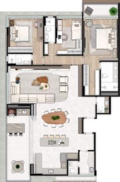 the floor plan of an apartment with furniture and living room, dining area and kitchen