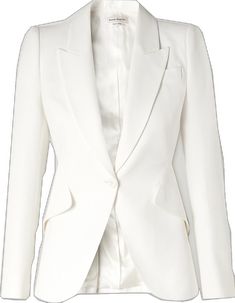 White Notch Lapel Blazer With Structured Boning, White Blazer With Structured Boning And Notch Lapel, White Structured Blazer With Concealed Placket, White Fitted Structured Blazer, White Blazer With Concealed Placket, Chic White Blazer With Pressed Crease, White Luxury Blazer With Structured Boning, Luxury White Blazer With Structured Boning, Elegant White Suit With Concealed Placket