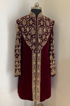 This is velvet sherwani with heavy zardosi n sequence handwork. Colour options available. Can be customised. Includes- sherwani with bottom Wedding Traditional Velvet Wear With Dabka, Wedding Velvet Traditional Wear With Dabka, Velvet Wedding Traditional Wear With Dabka, Velvet Long Sleeve Traditional Wear For Weddings, Traditional Velvet Sherwani For Wedding, Festive Velvet Sherwani For Wedding, Velvet Traditional Wear With Resham Embroidery For Ceremonial Occasions, Ceremonial Velvet Traditional Wear With Resham Embroidery, Traditional Velvet Sherwani For Festive Season