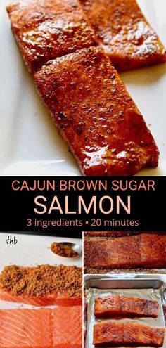 the recipe for cajun brown sugar salmon is shown in three different pictures and includes seasonings