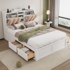 Wood Full Size Platform Bed with Storage Headboard and 4 Drawers Bed With Storage Headboard, Upholstered Headboards, Bookcase Bed, Full Size Platform Bed, Wood Platform Bed Frame, Storage Headboard, Wooden Platform Bed, Full Size Bed Frame, Bookcase Headboard