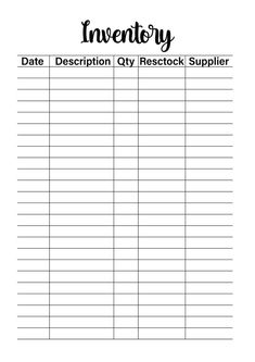 the printable inventory sheet is shown in black and white, with an arrow pointing to it