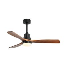 a black ceiling fan with wooden blades and light on the blade, against a white background