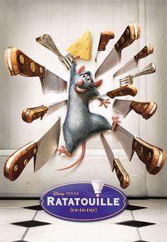 the ratatoulie movie poster is shown with knives and cheese on it's back