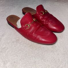 Red Leather Women’s Gucci Mules Size 37 1/2 Gucci Leather Mules, Gucci Leather Mules With Round Toe, Luxury Leather Mules With Red Sole, Formal Mules With Red Sole And Round Toe, Formal Red Leather Mules, Red Formal Slip-on Mules, Classic Gucci Mules With Horsebit Detail, Gucci Mules With Horsebit Detail, Round Toe, Red Leather Mules With Red Sole