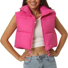 The winter cropped vests offer you multiple choices of colors. These nice quality puffer jackets must be a must-have for your wardrobes. Lightweight vest with puffy padding inside which is designed to keep you warm and comfy. Cropped puffer vests are a must-have in today's fashion, and can be worn with a crop sleeveless top/long sleeve shirt/sweater/hoodie/dresses for a casual look. High-quality zipper works smoothly. Adjustable drawing on the hem can shape a flattering fit. The padded cropped v Pink Vest Outfit, Macys Outfits, Cruise Fits, Cropped Puffer Vest, Puffer Vests, Hoodie Dresses, Brown Faux Fur Coat, Padded Vest, Lightweight Vest