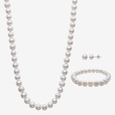 Luxury Beaded Necklaces For Anniversary With Round Beads, Classic White Sterling Silver Jewelry Sets, Classic Round Pearl Jewelry Sets, Classic Pearl Jewelry Sets, Classic Pearl White Jewelry Sets, Classic White Round Jewelry Sets, Earring Stud, Pearl Set, Freshwater Cultured Pearls