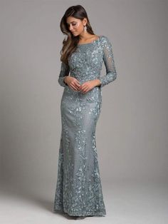 Lara Dresses - 29924 Embellished Long Sleeve Bateau Sheath Dress – Couture Candy Baju Pengapit, Grooms Mom, Long Sleeve Lace Gown, Grey Long Dress, Mother Of The Bride Dresses Long, Mother Of Bride Outfits, Sleeve Lace Dress, Long Sleeve Evening Gowns, Fitness Video