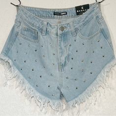 Fashion Nova Light Denim Embellished High Waisted Shorts Size Small Spike Me A Pose Denim Shorts New Measurements In Photo Used W/Iphone New, Shorts, Spikes, Festival, Denim Trendy High Waist Jean Shorts For Parties, Denim Bottoms With Rhinestones For Night Out, Mid-rise Bottoms With Rhinestones For Spring, Night Out Denim Bottoms With Rhinestones, Denim Rhinestone Bottoms For Night Out, Spring Mid-rise Bottoms With Rhinestones, Casual Jean Shorts For Summer Party, Casual Summer Party Jean Shorts, Summer Party Jeans With Rhinestones