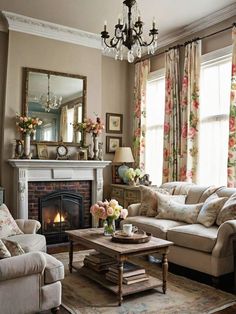 a living room filled with furniture and a fire place in front of a window covered in curtains