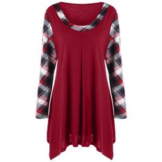 Plus Size Plaid Trim Tunic T-shirt - Wine Red - 3H39916028 - Original Design-Women's Clothing  #OriginalDesignWomensClothing #Original #DesignWomen's #Clothing Plus Size Plaid, Plus Size Tees, Trendy Plus Size Clothing, Plus Size T Shirts, Long Sleeve Casual, Fashion Tops, Designer Outfits Woman, Plus Size Tops, Online Womens Clothing