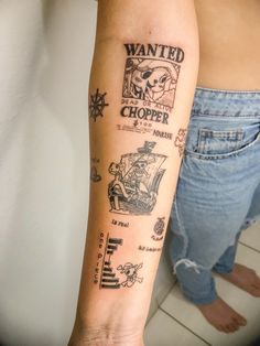 a person with a tattoo on their arm that says wanted chopper and mariner