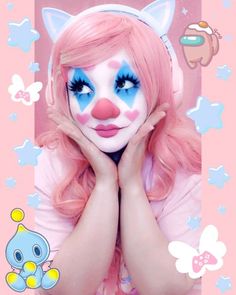 Clown Makeup Pastel, Pastel Clown Costume, Kawaii Face Paint, Character Face Paint, Pastel Clown Makeup, Pink Clown Makeup, Clown Girl Makeup, Pastel Clowncore