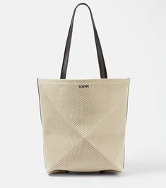 Puzzle Fold Medium canvas tote bag in beige - Loewe | Mytheresa Luxury Beige Canvas Bag With Handles, Luxury Beige Canvas Tote Bag, Luxury Beige Canvas Shopping Bag, White Canvas Bucket Bag For Errands, Leather Bucket Bag With Canvas Lining, Luxury White Canvas Bag For Everyday, Luxury Beige Bags With Canvas Lining, Modern Beige Bucket Bag With Canvas Lining, White Leather Canvas Tote Bag