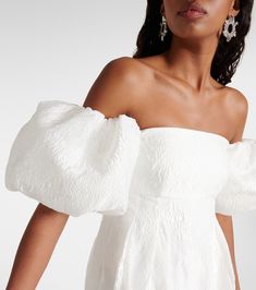 Matchmaker puff-sleeve off-shoulder gown in white - Rebecca Vallance | Mytheresa Elegant Voluminous Puff Sleeve Dress For Party, Puff Sleeve Off-shoulder Dress For Evening, Fitted Puff Sleeve Dress For Gala, White Maxi Off-shoulder Dress For Party, Fitted Off-shoulder Dress With Elastic Shoulders, Evening Off Shoulder Dress With Puff Sleeves, Fitted Off-shoulder Puff Sleeve Dress For Party, Puff Sleeve Dress With Fitted Bodice For Gala, Fitted Bodice Puff Sleeve Dress For Gala