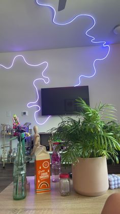 there is a plant and bottles on the table in front of a television set with neon lights above it