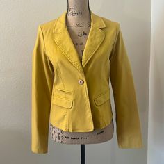 Never Worn!! This Single Button Blazer Is So Cute! Great With Jeans And Heels Or Simply A Dress And Sandals! Wear It To The Office, Out For A Girls’ Night Or Just Casually! Size Large Stretchy Material Yellow Fall Blazer, Yellow Buttoned Outerwear, Yellow Button-up Outerwear With Buttons, Fitted Yellow Blazer With Button Closure, Casual Fitted Gold Outerwear, Gold Outerwear For Work In Spring, Gold Fitted Casual Outerwear, Yellow Spring Outerwear With Buttons, Yellow Buttoned Spring Outerwear