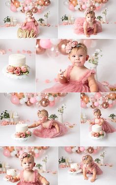 Floral Boho Girl Rose Gold Cake Smash First Birthday Cake And Smash Cake, Smash Cake Floral, Princess Theme Cake Smash, Cake Smash Photos Theme, First Birthday Theme Photoshoot, Rose Cake Smash, One Year Baby Girl Birthday Photoshooting, Rose Gold 1st Birthday Cake