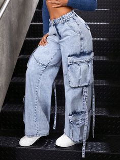 Blue  Collar  Denim Plain Straight Leg Embellished Non-Stretch  Women Clothing Plus Size Baddie Outfits, Moda Denim, Jeans Outfit Women, Shein Icon, Jeans Cargo, Easy Trendy Outfits, Simple Trendy Outfits, Cargo Pants Women, Cute Simple Outfits