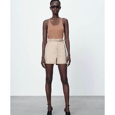 Nwt Zara High Waisted Shorts Tan Shorts With Pleated Front, Side Pockets, Faux Back Pockets, Belt. Please Note: Belt Is Not In Such Great Condition. You Can Wear Your Own Belt. Color: Cream Size M New With Tags B89 Chic Brown Short Bottoms, Chic Brown Short Length Bottoms, Chic Short Length Brown Bottoms, Chic Brown Shorts For Day Out, Chic High Waist Brown Shorts, Brown Shorts For Summer Workwear, Brown Summer Workwear Shorts, Chic Beige Short Pants, Chic Beige Bermuda Shorts