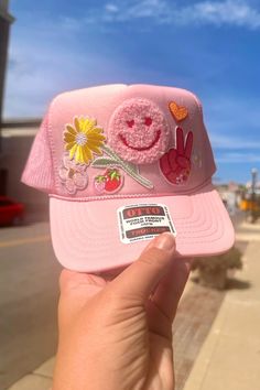 ONE OF A KIND “Pink Peace” Trucker Hat Wild Bohemian Cheap Fun Snapback Hat For Spring, Cheap Fun Trucker Hat For Spring, Affordable Multicolor Trendy Trucker Hat, Cheap Multicolor Trucker Hat For Spring, Hat With Patches, Stationary Shop, Boho Shops, Snap Back, People Shopping