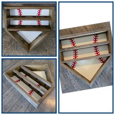 three different angles of a baseball in a wooden box with red stitching on it