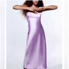 Questions? Leave A Comment Below! Long Skirt Casual, Zara Midi Dress, Midi Dress Pink, Gaun Fashion, Satin Midi Dress, Long Dresses, Spaghetti Strap Dresses, Dress Pink, Purple Dress