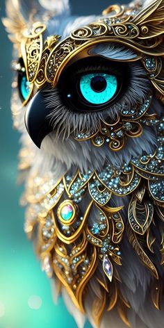 an owl with blue eyes and gold feathers