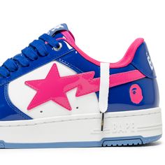 Leather upper Patent leather overlay Perforated toe box Rubber midsole and outsole Extra laces included Color: Blue Style: 001FWK801301M Blue Bapesta Shoes, Ape Star Shoes, Bape Star Shoe, Shoes Bape Star, Bape Star Shoes Blue, Bape Sta, Bape Shoes, Ape Bape, Pretty Sneakers