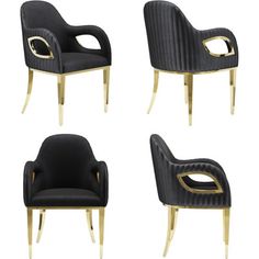 four black chairs with gold accents on the legs and arms, all in different styles