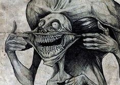 a drawing of a creepy creature holding something in it's mouth with both hands