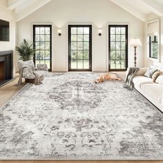 a dog laying on the floor in a large living room with white furniture and windows