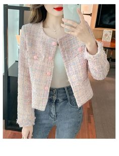 SPECIFICATIONS Women's Jacket 2024 Spring New in Pink Tweed Small Fragrance Coat Short Korean Fashion Advanced Sense Temperament Grace Tops Brand Name: EJUHAOTI Decoration: Button Age: MIDDLE AGE Thickness: STANDARD Material: POLYESTER Style: Casual Hooded: No Origin: Mainland China CN: Shandong Season: Autumn/Winter Pattern Type: Gradient Sleeve Length(cm): Full Outerwear Type: JACKETS Gender: WOMEN Release Date: Spring 2024 Clothing Length: regular Type: Wide-waisted Item Type: Outerwear & Coa Elegant Jacket, Pink Tweed, Short Fashion, Women's Jacket, Pink Jacket, Short Coat, Fashion Fabric, Cardigan Coat, Tweed Jacket