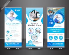 a set of three roll up banners with medical images on them, one is blue and the other is white