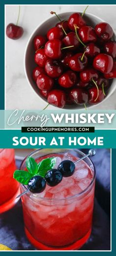 cherry whiskey sour at home with cherries in the bowl and blueberries on the rim