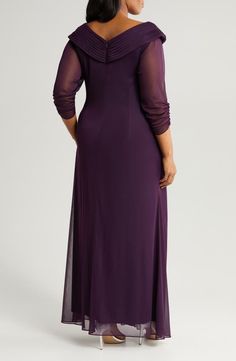 Alex Evenings Rhinestone Detail Portrait Collar Gown | Nordstrom Collar Gown, Alex Evenings, Women's Jewelry And Accessories, Mesh Fabric, Eggplant, Top Brands, Hand Wash, Long Sleeves, Nordstrom