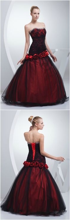 Gothic Black and Red Floral Ballgown Tulle Color Wedding Dress Red Quinceanera Dress With Tulle And Sweetheart Neckline, Red Tulle Quinceanera Dress For Party, Red Tulle Quinceanera Dress For Debutante Ball, Black Tulle Skirt Ball Gown For Wedding, Red Tulle Quinceanera Dress, Black Tulle Ball Gown For Wedding, Fitted Black Quinceanera Dress, Red Tulle Gown For Quinceanera, Tulle Ball Gown For Costume Party