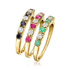 Ross-Simons - 1.40ct t. w. Multi-Gemstone Jewelry Set: Three Rings Over Sterling. Size 5. This stackable set of three rings features classic gemstone color and icy white topaz sparkle! Set in 18kt yellow gold over sterling silver, the bands feature .30 ct. t. w. sapphires, .30 ct. t. w. rubies and .20 ct. t. w. emeralds with white topaz gems totaling .60 carats overall. The bands look great together or worn on their own. Each band is 3/8" wide. Multi-gemstone ring set. Emerald birthstones are th Stackable Birthstone Rings, Emerald Birthstone, Multi Gemstone Ring, Three Rings, Birthstone Ring, White Topaz, Gemstone Ring, Buy 1, Gemstone Colors