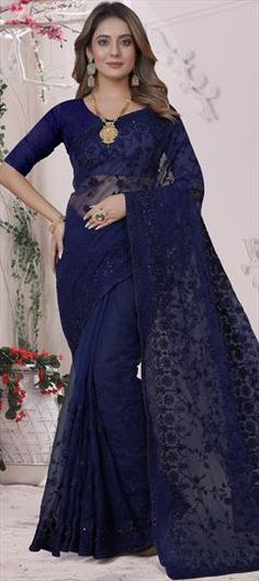 Blue color Saree in Net fabric with Embroidered, Resham, Stone, Thread work Formal Blue Saree With Resham Embroidery, Blue Semi-stitched Embroidered Fabric For Reception, Blue Festive Saree For Formal Occasions, Formal Blue Blouse Piece For Diwali, Blue Formal Saree For Festive Occasions, Festive Blue Formal Saree, Formal Blue Blouse Piece With Pallu, Formal Blue Saree With Zari Work, Formal Blue Saree With Cutdana