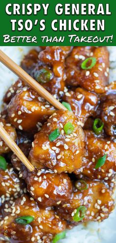 the recipe for crispy general tso's chicken is shown with chopsticks