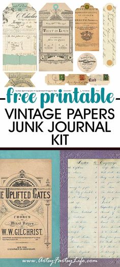 the printable vintage papers junk journal kit is shown in two different colors and sizes