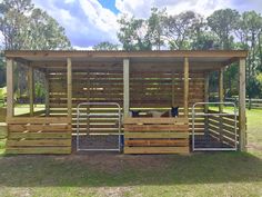 a wooden shelter with cattle in it and fenced off area next to the enclosure