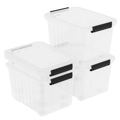 three plastic storage containers with black handles